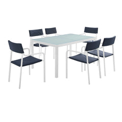 Raleigh White/Navy 7 Piece Outdoor Patio Aluminum Dining Set - Ornate Home