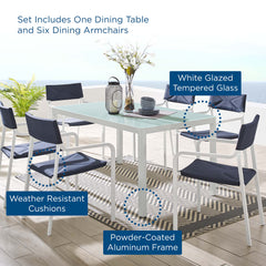 Raleigh White/Navy 7 Piece Outdoor Patio Aluminum Dining Set - Ornate Home