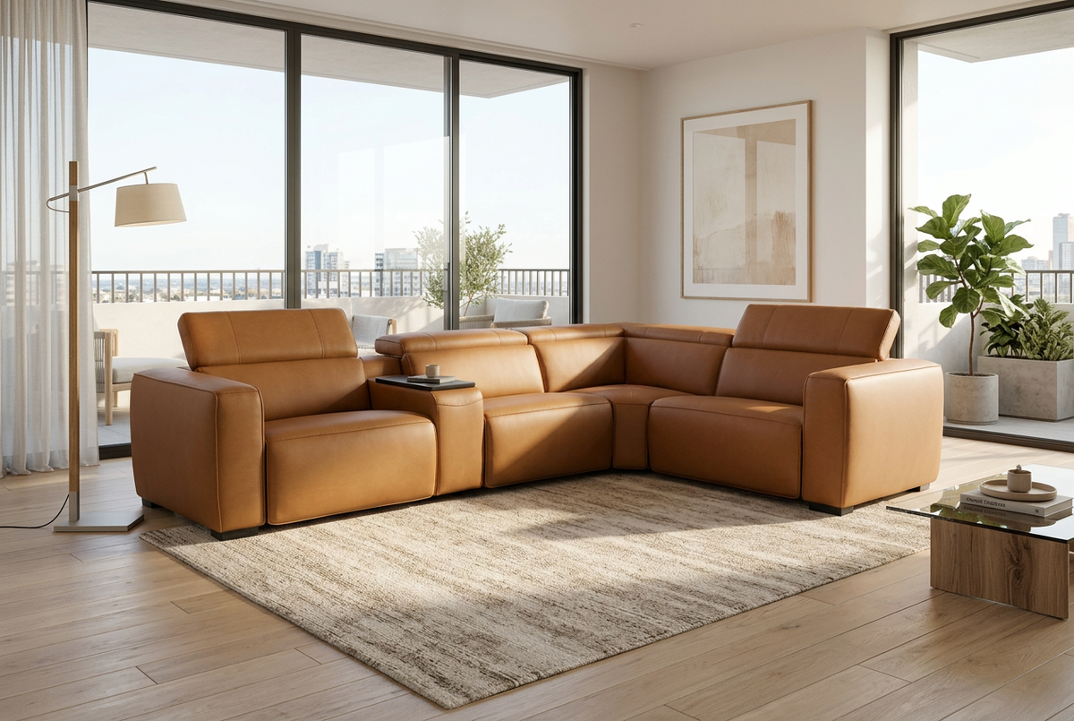 Rally Pro Caramel 5-Piece L-Shaped Dual Power Reclining Sectional with Console & Immersive Sound System