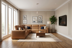 Rally Pro Caramel 6-Piece Power Reclining Sectional with Console and Immersive Sound System - Ornate Home