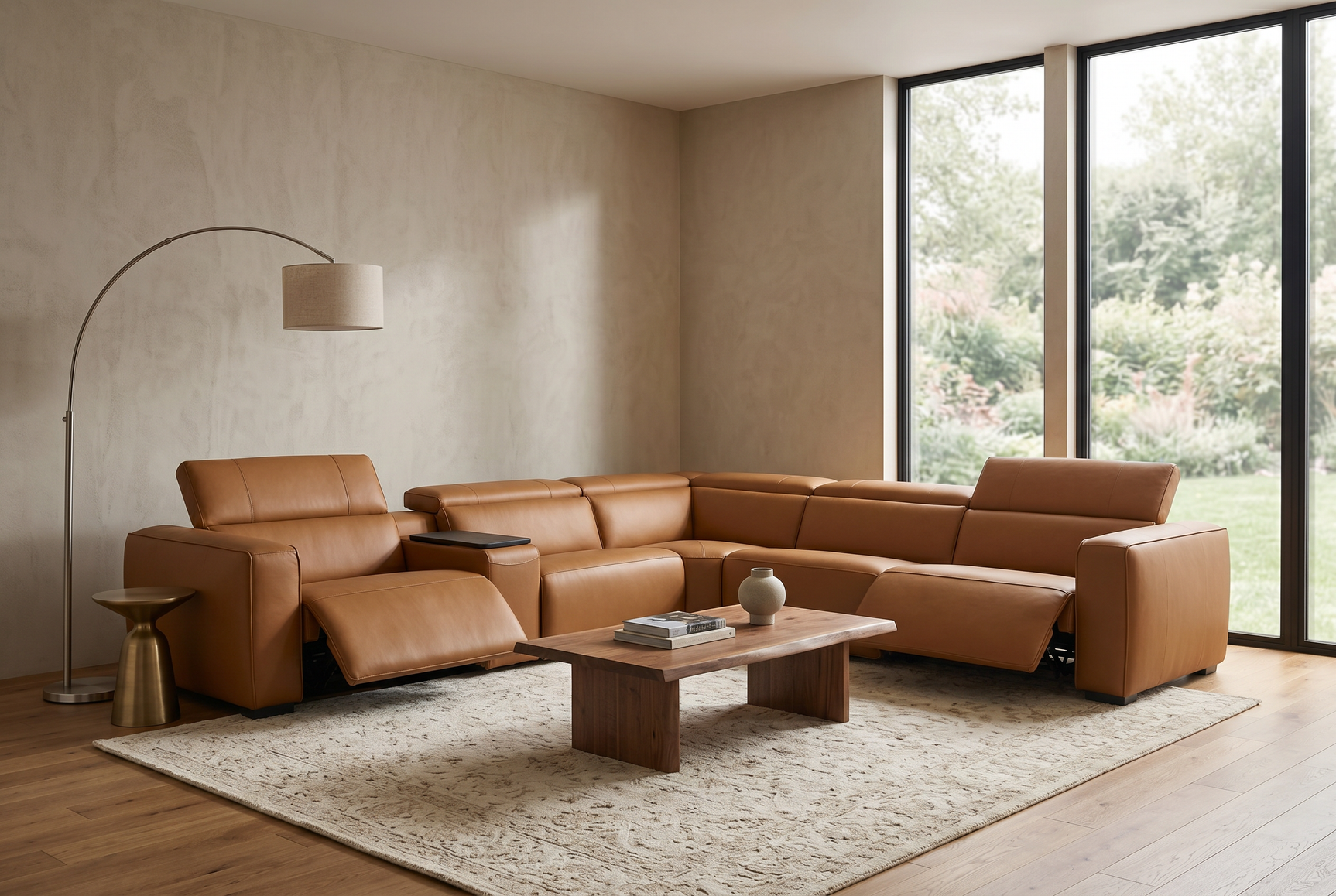 Rally Pro Caramel 6-Piece Power Reclining Sectional with Console and Immersive Sound System - Ornate Home