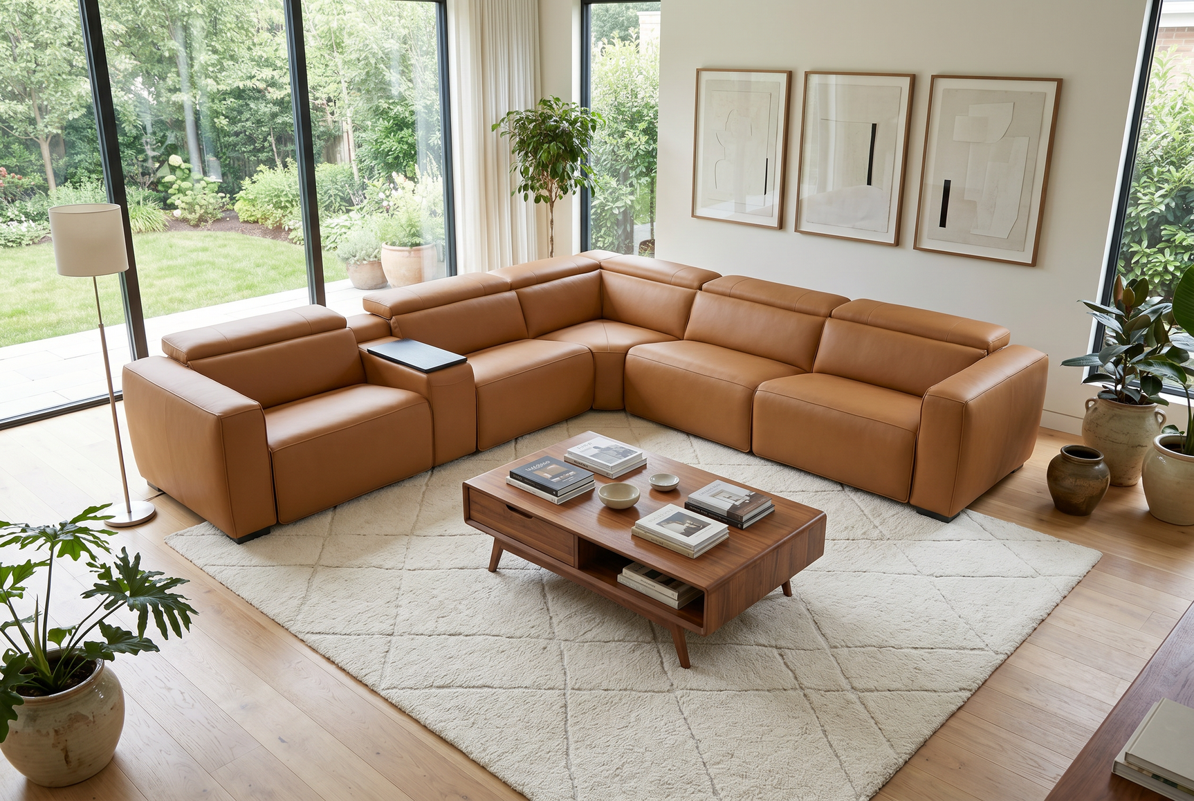 Rally Pro Caramel 6-Piece Power Reclining Sectional with Console and Immersive Sound System - Ornate Home