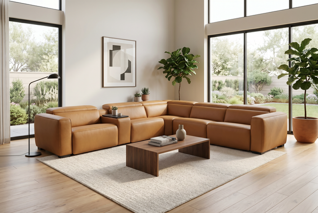 Rally Pro Caramel 6-Piece Power Reclining Sectional with Console and Immersive Sound System - Ornate Home
