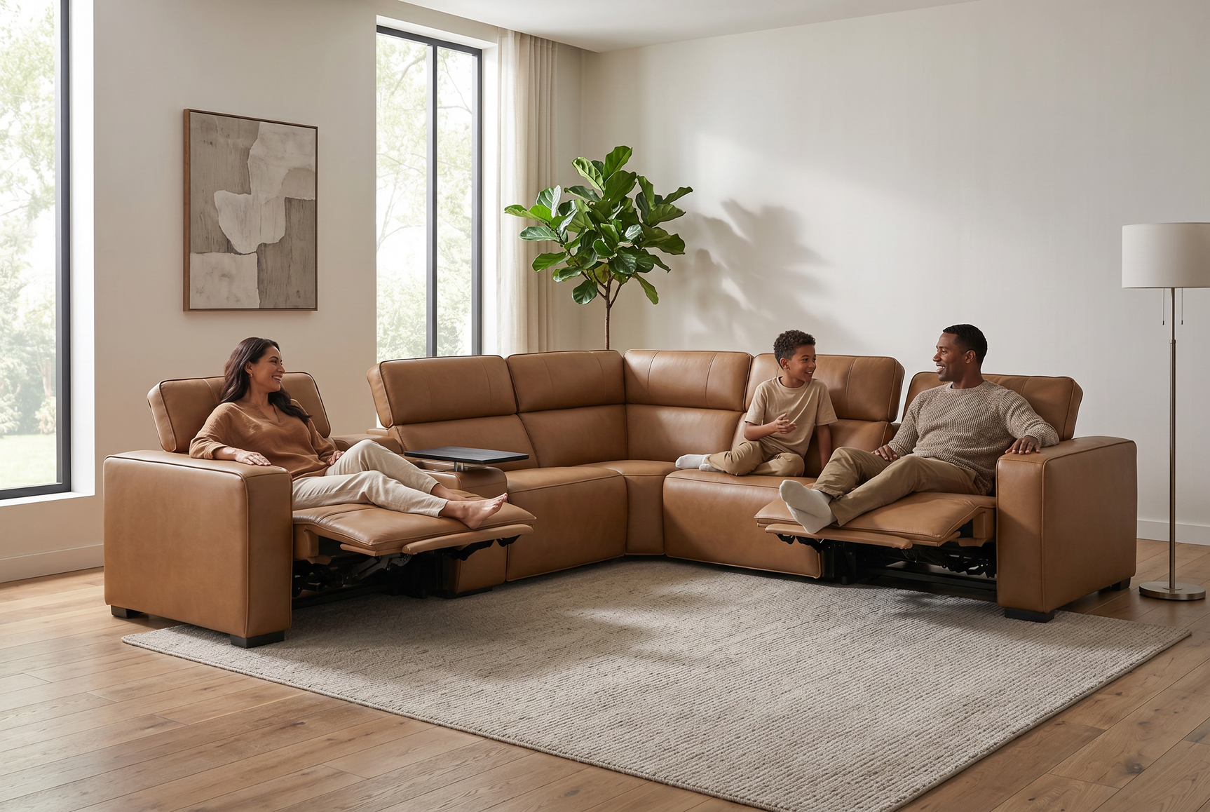 Rally Pro Caramel 6-Piece Power Reclining Sectional with Console and Immersive Sound System - Ornate Home