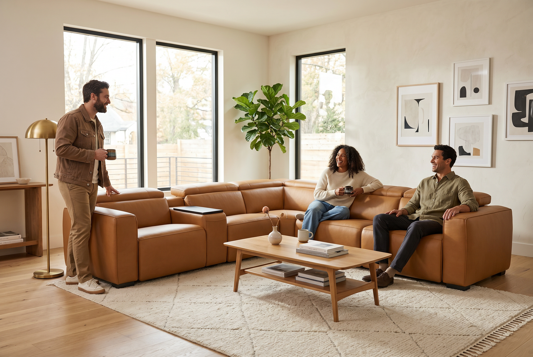 Rally Pro Caramel 6-Piece Power Reclining Sectional with Console and Immersive Sound System - Ornate Home