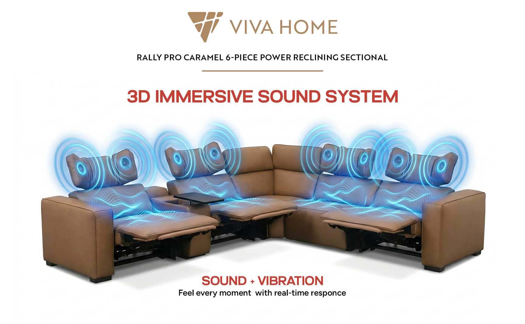 Rally Pro Caramel 6-Piece Power Reclining Sectional with Console and Immersive Sound System - Ornate Home