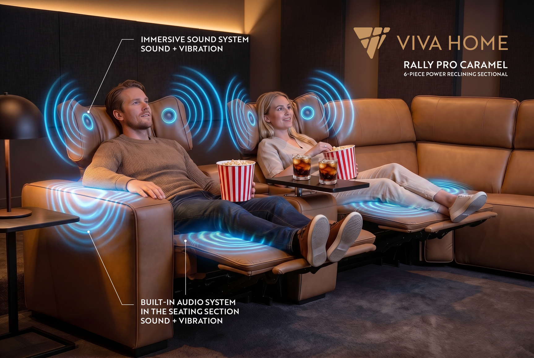 Rally Pro Caramel 6-Piece Power Reclining Sectional with Console and Immersive Sound System - Ornate Home