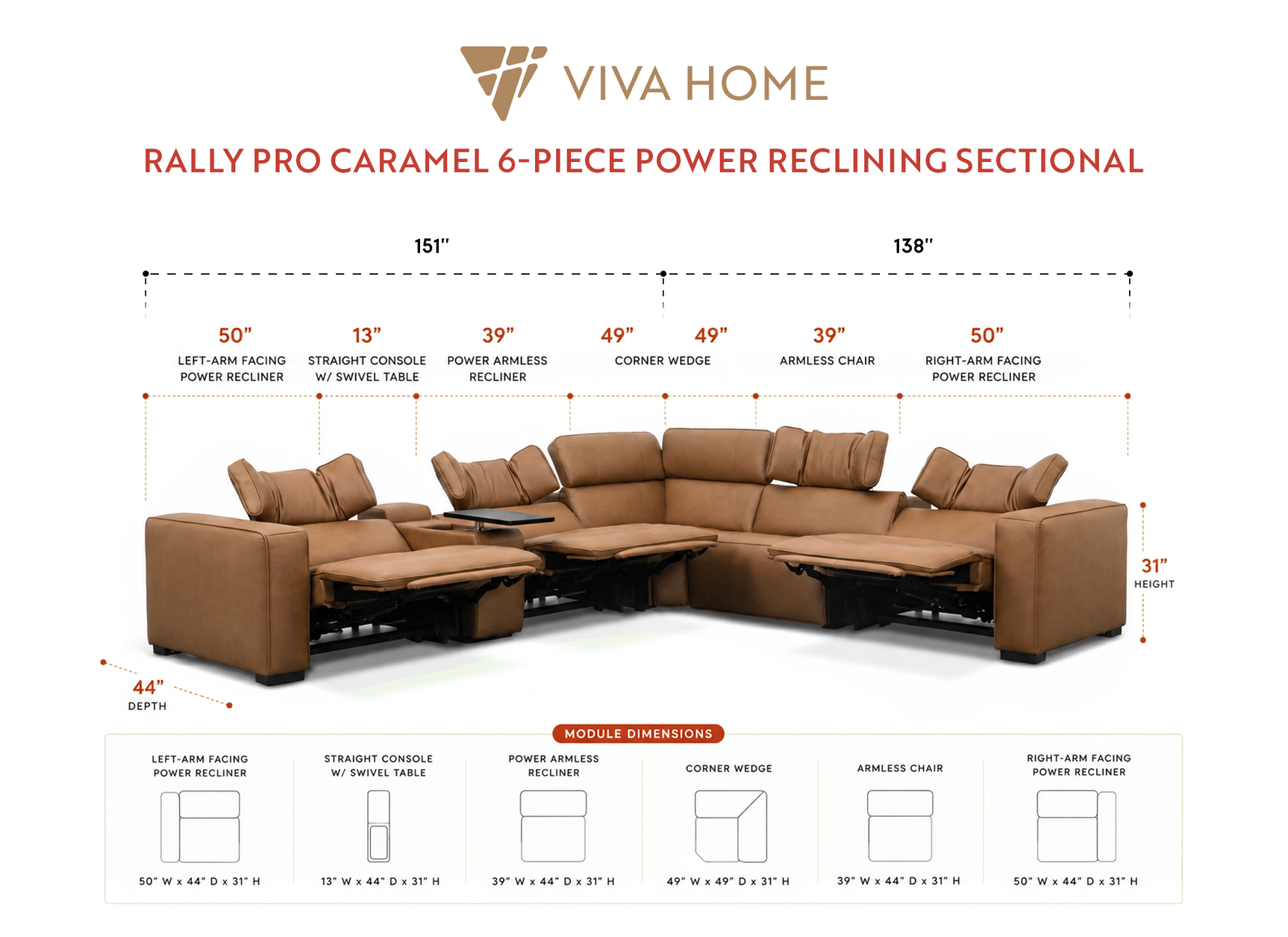 Rally Pro Caramel 6-Piece Power Reclining Sectional with Console and Immersive Sound System - Ornate Home