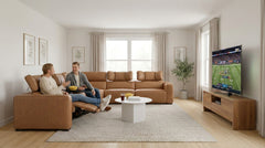 Rally Pro Caramel 6-Piece Power Reclining Sectional with Console and Immersive Sound System - Ornate Home