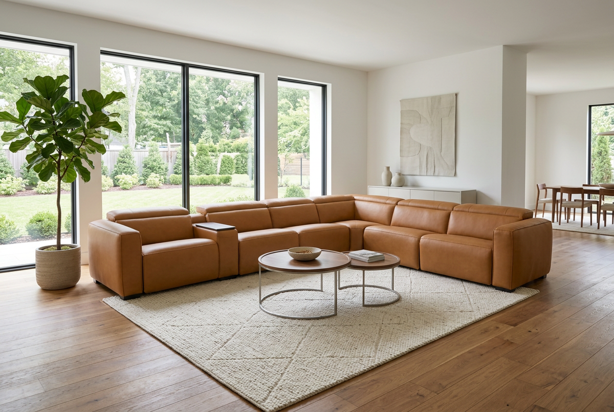 Rally Pro Caramel 7-Piece L-Shaped Dual Power Reclining Sectional with Console & Immersive Sound System