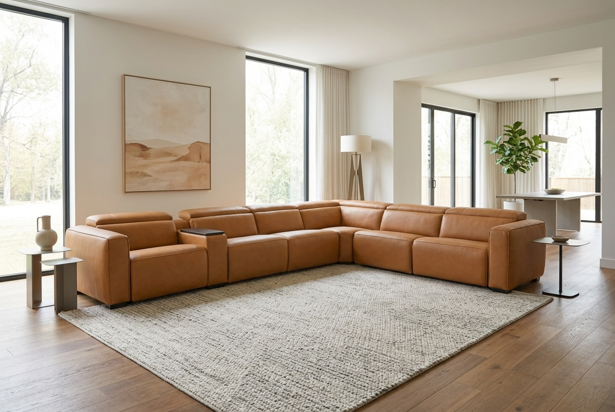 Rally Pro Caramel 7-Piece L-Shaped Dual Power Reclining Sectional with Console & Immersive Sound System