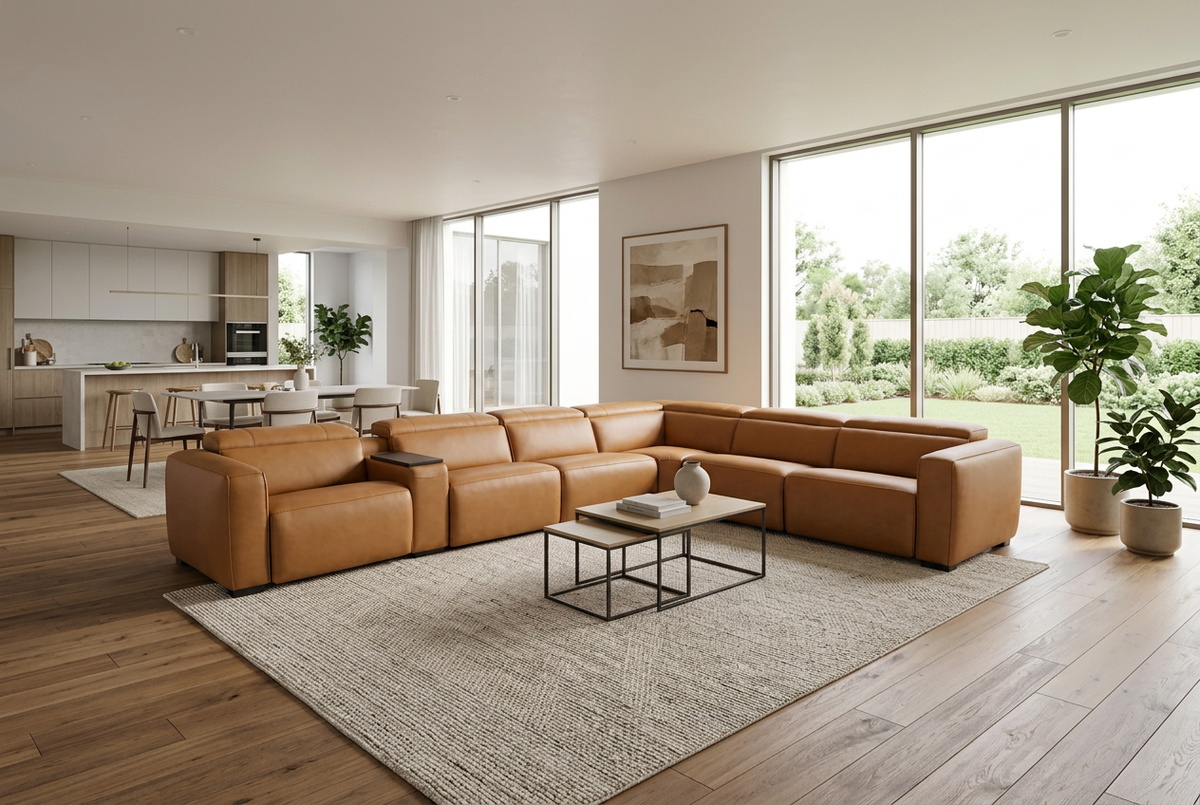Rally Pro Caramel 7-Piece L-Shaped Dual Power Reclining Sectional with Console & Immersive Sound System