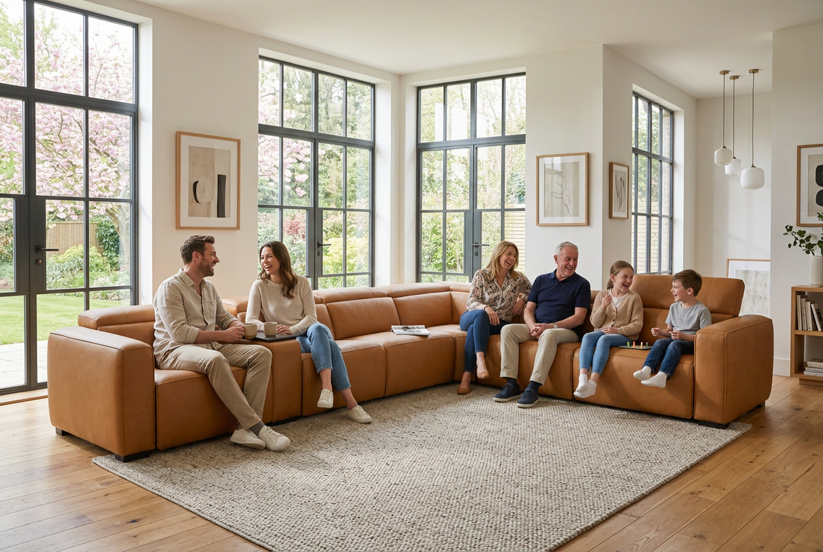 Rally Pro Caramel 7-Piece L-Shaped Dual Power Reclining Sectional with Console & Immersive Sound System
