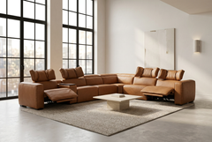 Rally Pro Caramel 7-Piece L-Shaped Dual Power Reclining Sectional with Console & Immersive Sound System - Ornate Home