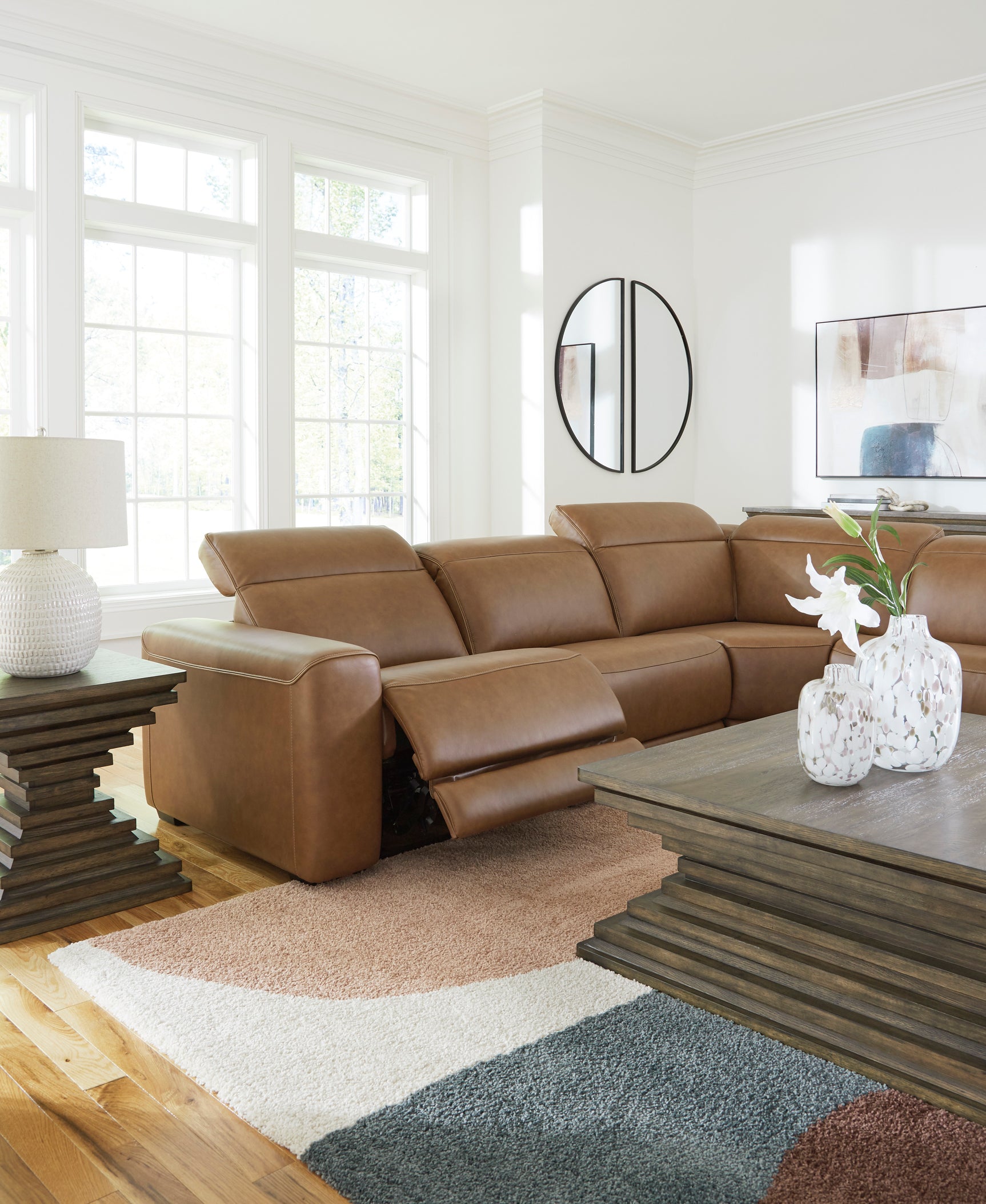 Rally-Up Caramel 5-Piece Dual Power Leather Reclining Modular Sectional - Ornate Home