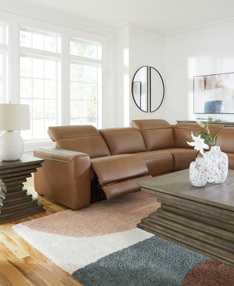 Rally-Up Caramel 5-Piece Dual Power Leather Reclining Modular Sectional - Ornate Home