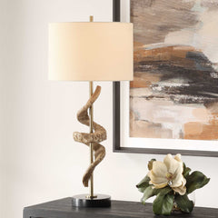 Rams Horn Brass/Brown/Woodtone Table Lamp - Ornate Home