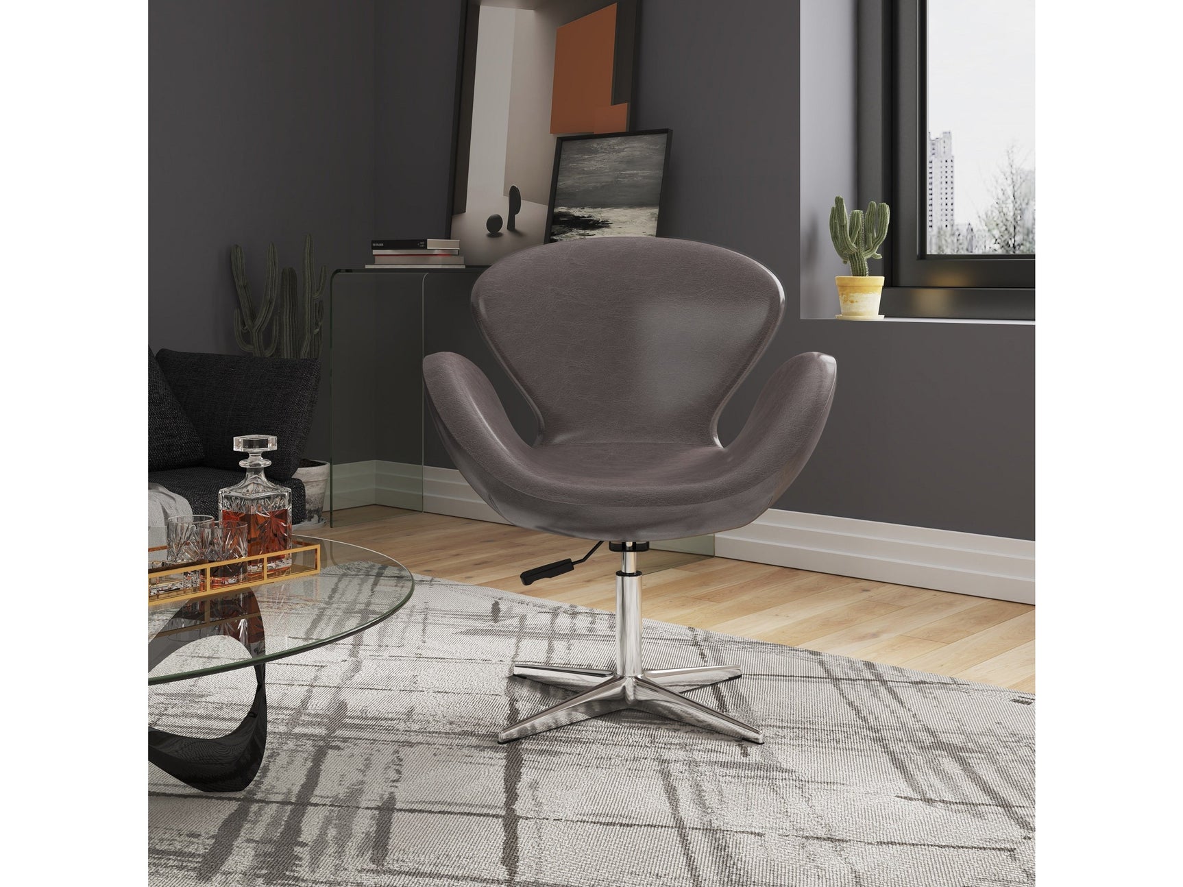 Raspberry Faux Leather Adjustable Swivel Chair in Pebble and Polished Chrome (set of 2) - Ornate Home