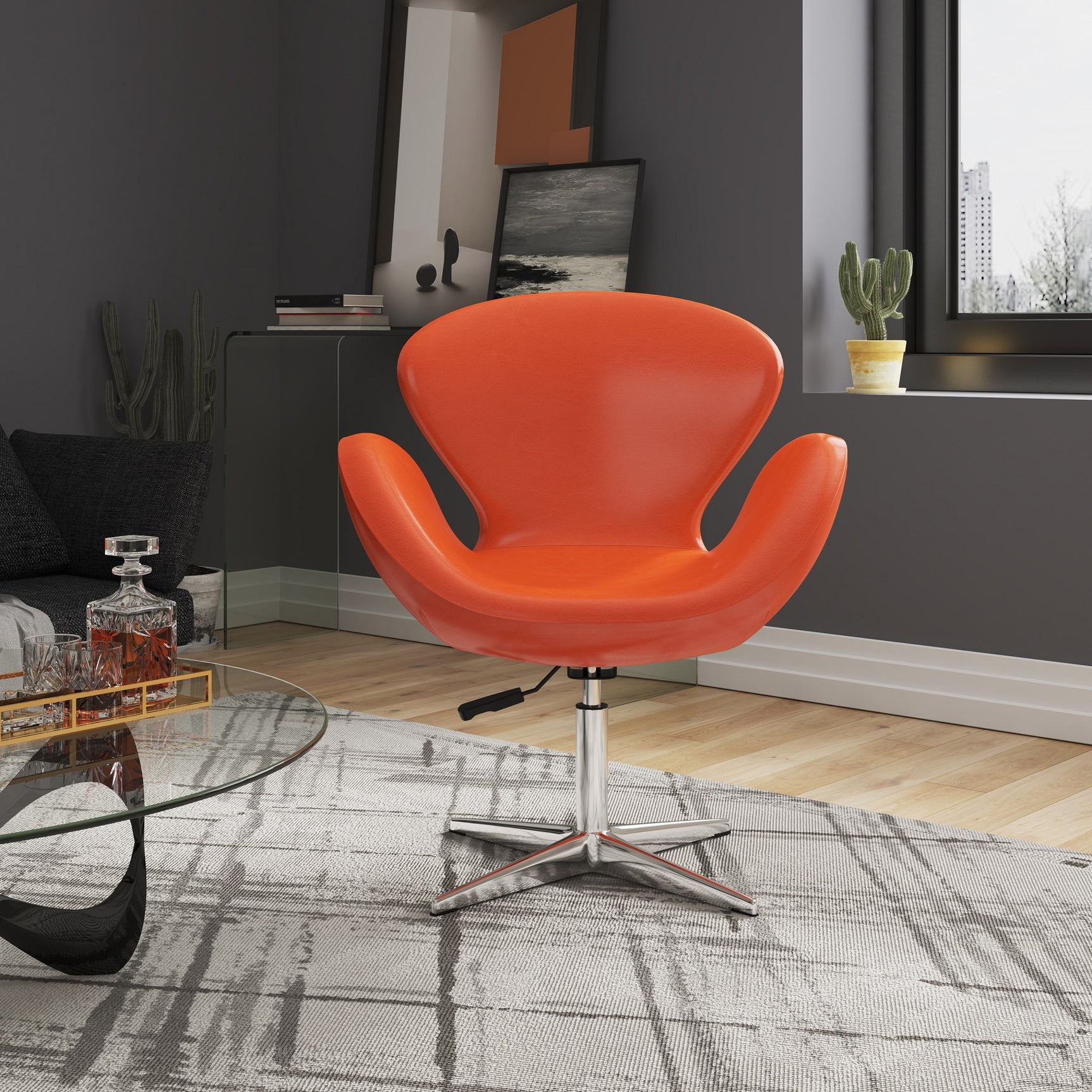Raspberry Faux Leather Adjustable Swivel Chair in Tangerine and Polished Chrome - Ornate Home