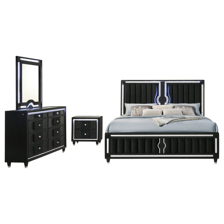 Ravenne Black 4-piece Velvet Upholstered California King LED Bedroom Set - Ornate Home