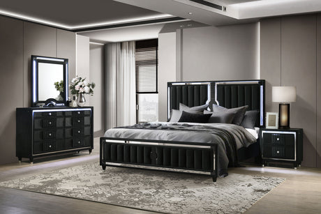 Ravenne Black 4-piece Velvet Upholstered Queen LED Bedroom Set - Ornate Home