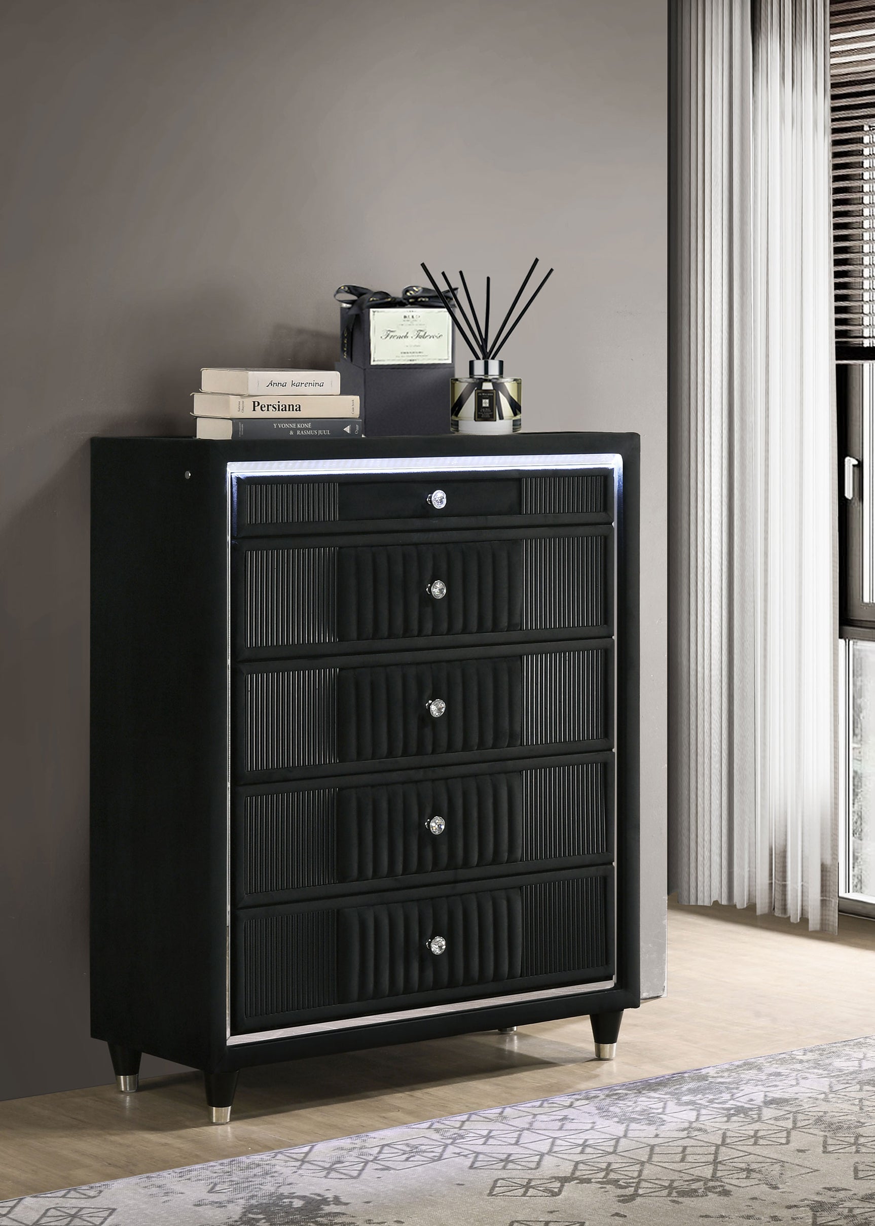 Ravenne Black 5-drawer Velvet Upholstered LED Chest of Drawers - Ornate Home