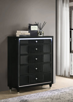 Ravenne Black 5-drawer Velvet Upholstered LED Chest of Drawers - Ornate Home