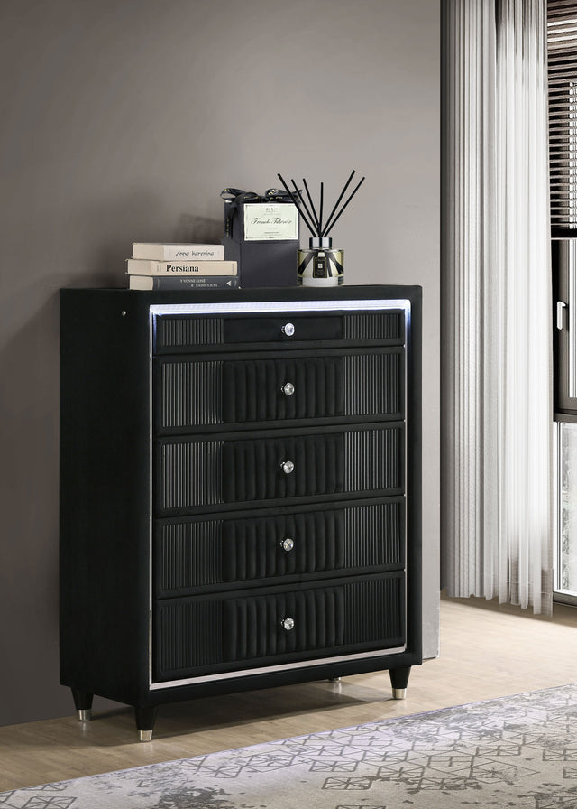 Ravenne Black 5-drawer Velvet Upholstered LED Chest of Drawers - Ornate Home