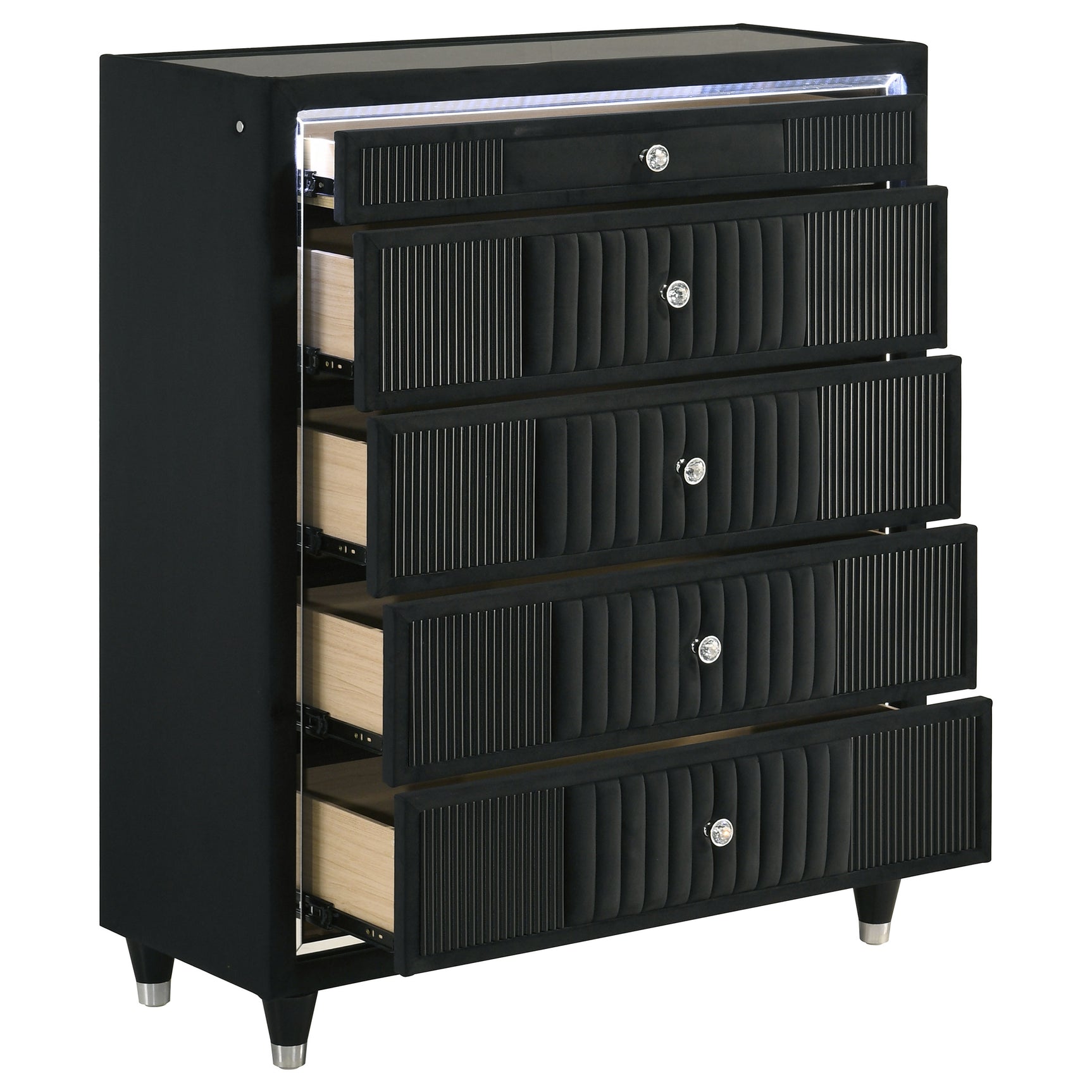 Ravenne Black 5-drawer Velvet Upholstered LED Chest of Drawers - Ornate Home
