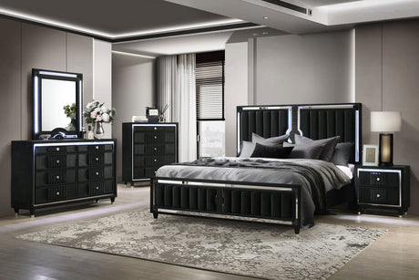 Ravenne Black 5-piece Velvet Upholstered California King LED Bedroom Set - Ornate Home