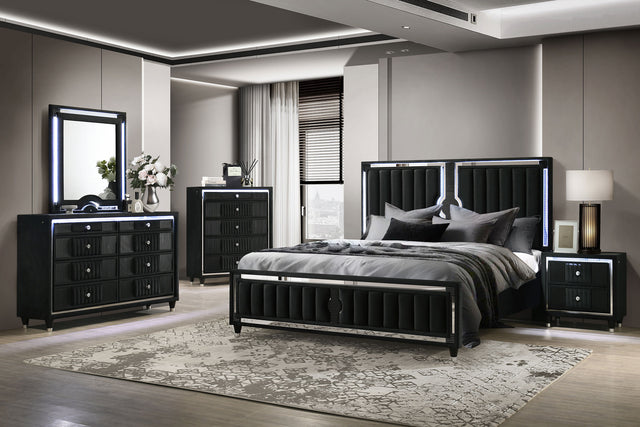 Ravenne Black 5-piece Velvet Upholstered Eastern King LED Bedroom Set - Ornate Home