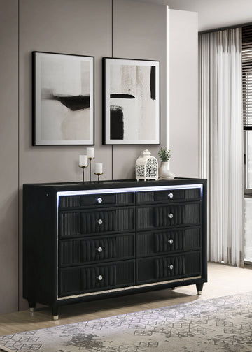 Ravenne Black 8-drawer Velvet Upholstered LED Dresser Cabinet - Ornate Home