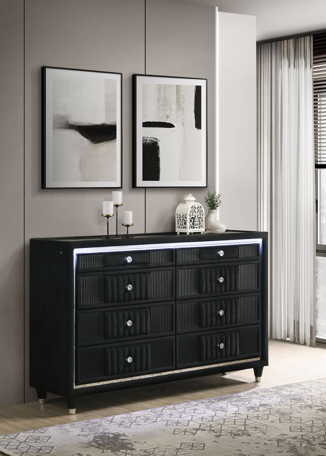 Ravenne Black 8-drawer Velvet Upholstered LED Dresser Cabinet - Ornate Home