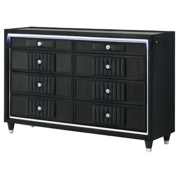 Ravenne Black 8-drawer Velvet Upholstered LED Dresser Cabinet - Ornate Home