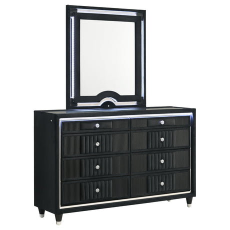 Ravenne Black 8-drawer Velvet Upholstered LED Dresser and Mirror - Ornate Home