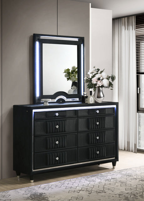 Ravenne Black 8-drawer Velvet Upholstered LED Dresser and Mirror - Ornate Home