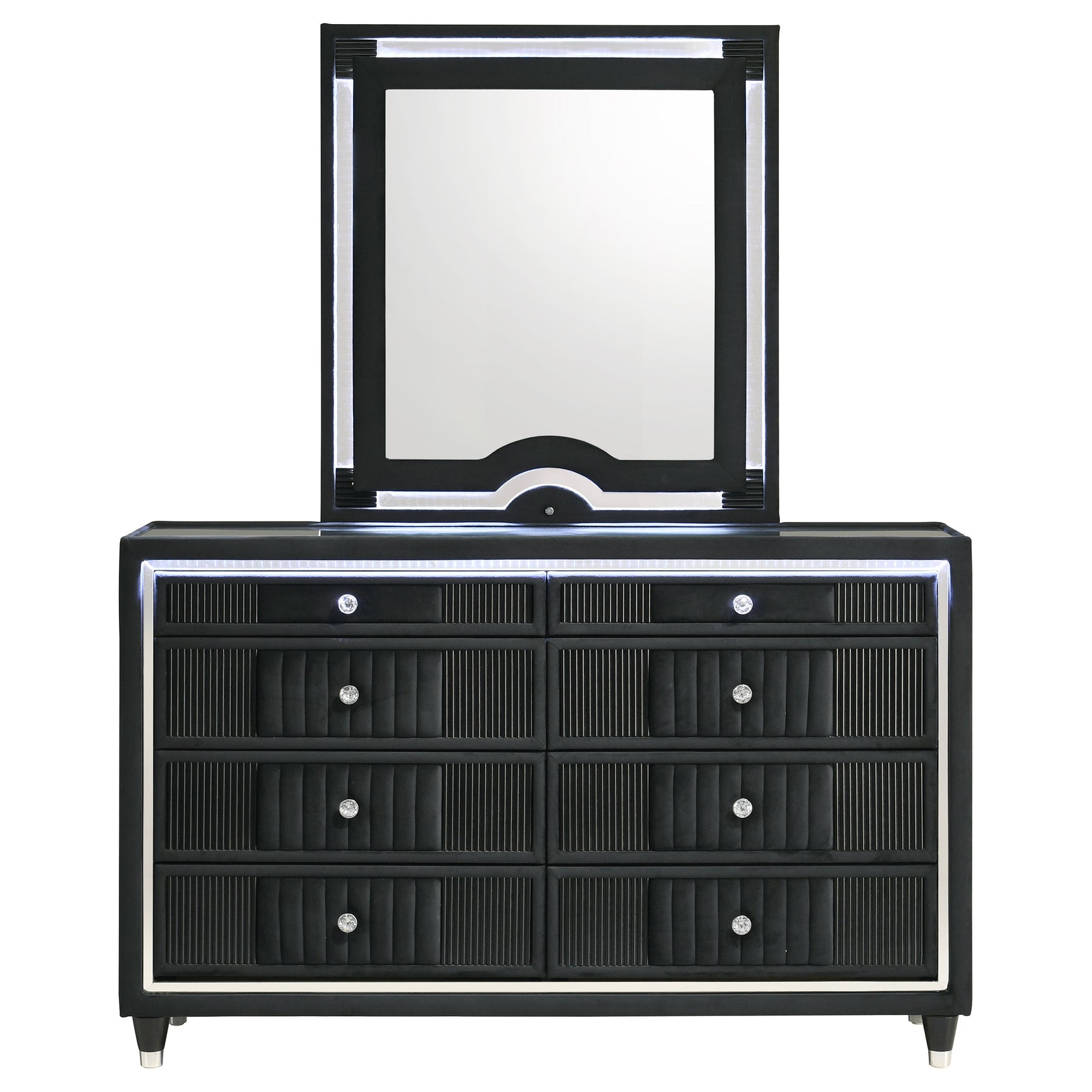 Ravenne Black 8-drawer Velvet Upholstered LED Dresser and Mirror - Ornate Home