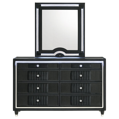 Ravenne Black 8-drawer Velvet Upholstered LED Dresser and Mirror - Ornate Home