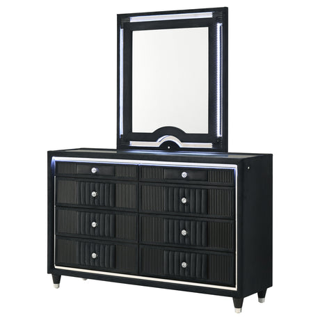 Ravenne Black 8-drawer Velvet Upholstered LED Dresser and Mirror - Ornate Home