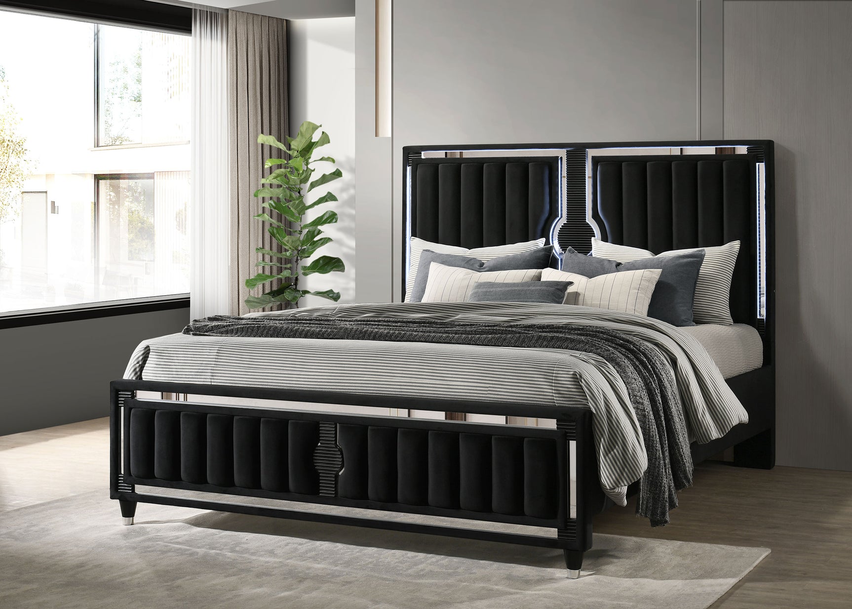 Ravenne Black Velvet Upholstered California King LED Panel Bed - Ornate Home