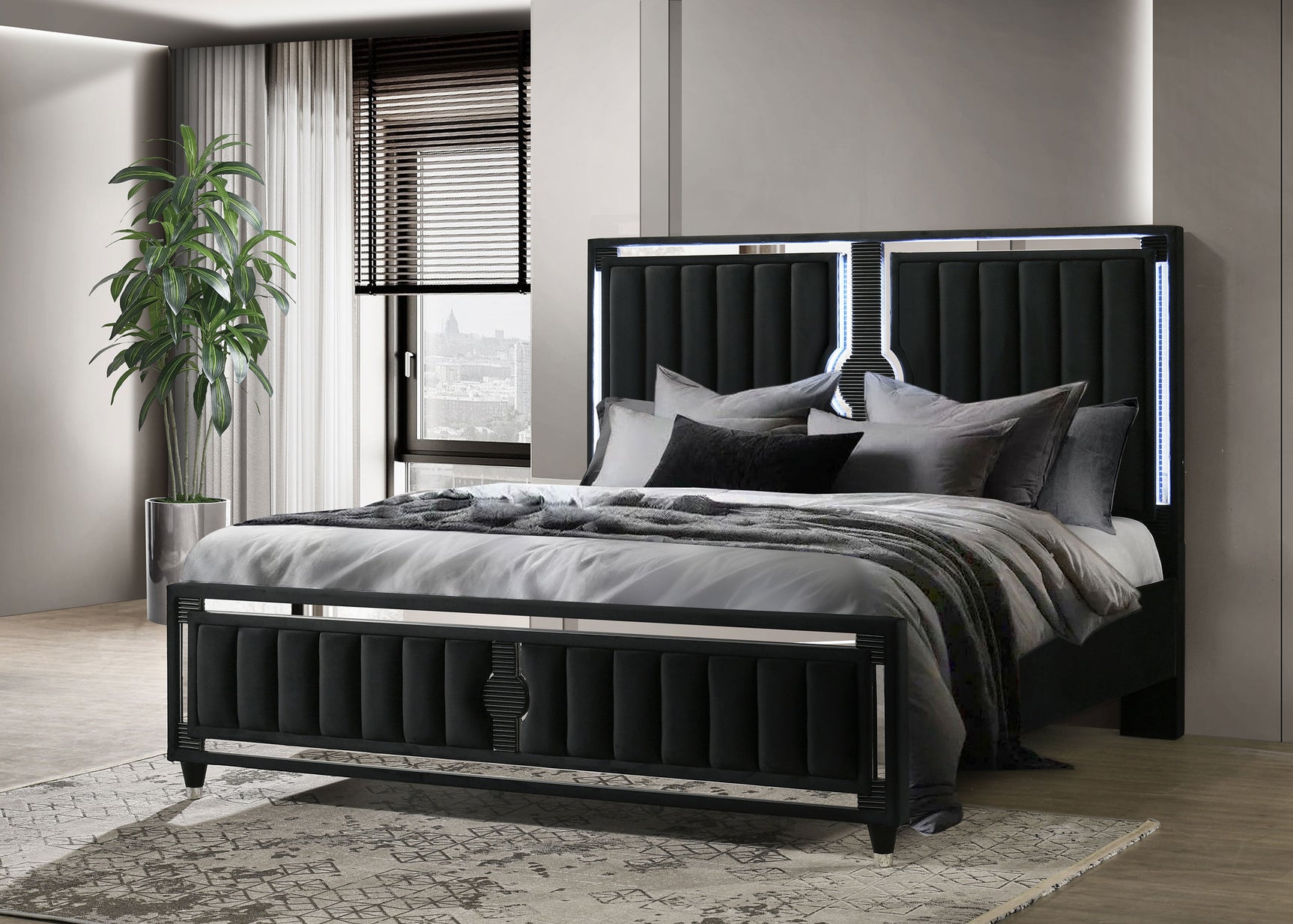 Ravenne Black Velvet Upholstered Eastern King LED Panel Bed - Ornate Home