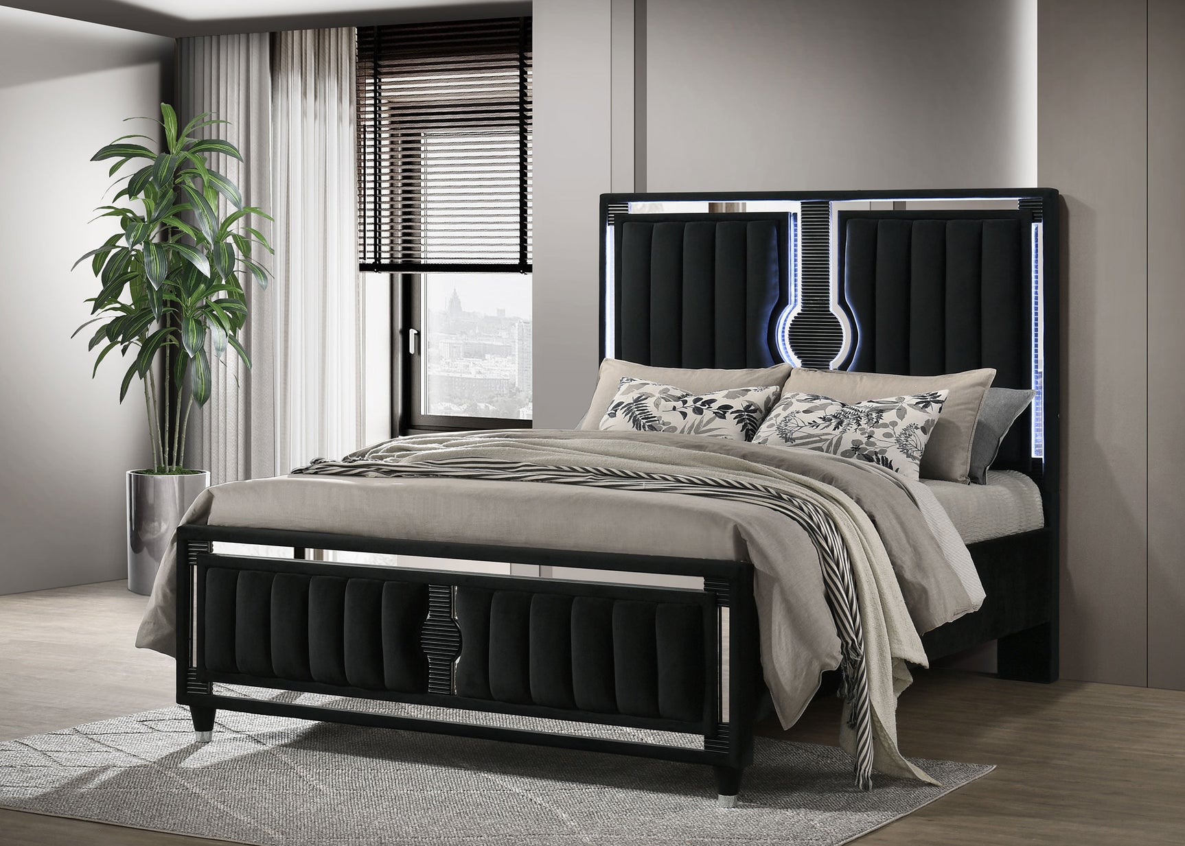 Ravenne Black Velvet Upholstered Queen LED Panel Bed - Ornate Home