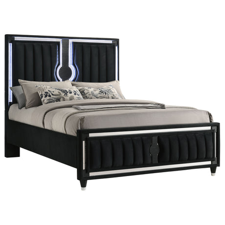 Ravenne Black Velvet Upholstered Queen LED Panel Bed - Ornate Home