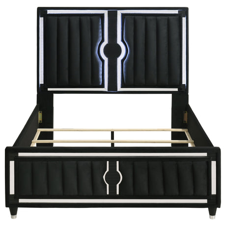 Ravenne Black Velvet Upholstered Queen LED Panel Bed - Ornate Home