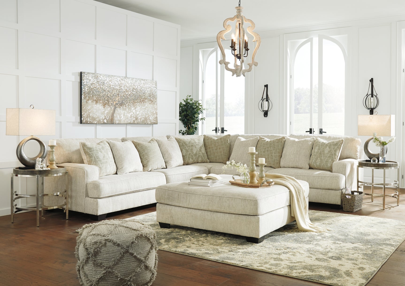Rawcliffe Parchment 3-Piece Sectional with Ottoman - Ornate Home