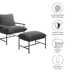 Raya Charcoal Outdoor Patio Boucle Lounge Chair and Ottoman - Ornate Home