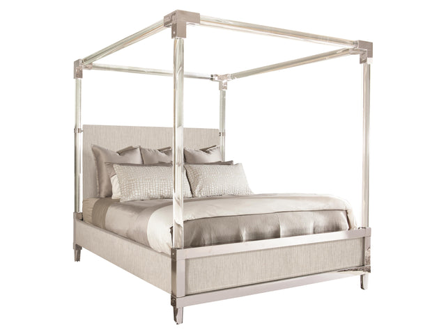 Rayleigh Polished Stainless Steel/Grey Fabric Canopy King Bed - Ornate Home