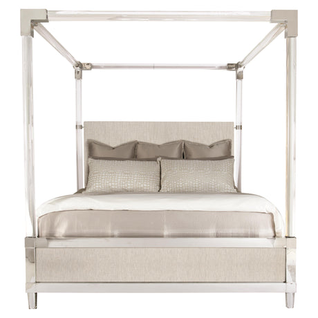 Rayleigh Polished Stainless Steel/Grey Fabric Canopy King Bed - Ornate Home