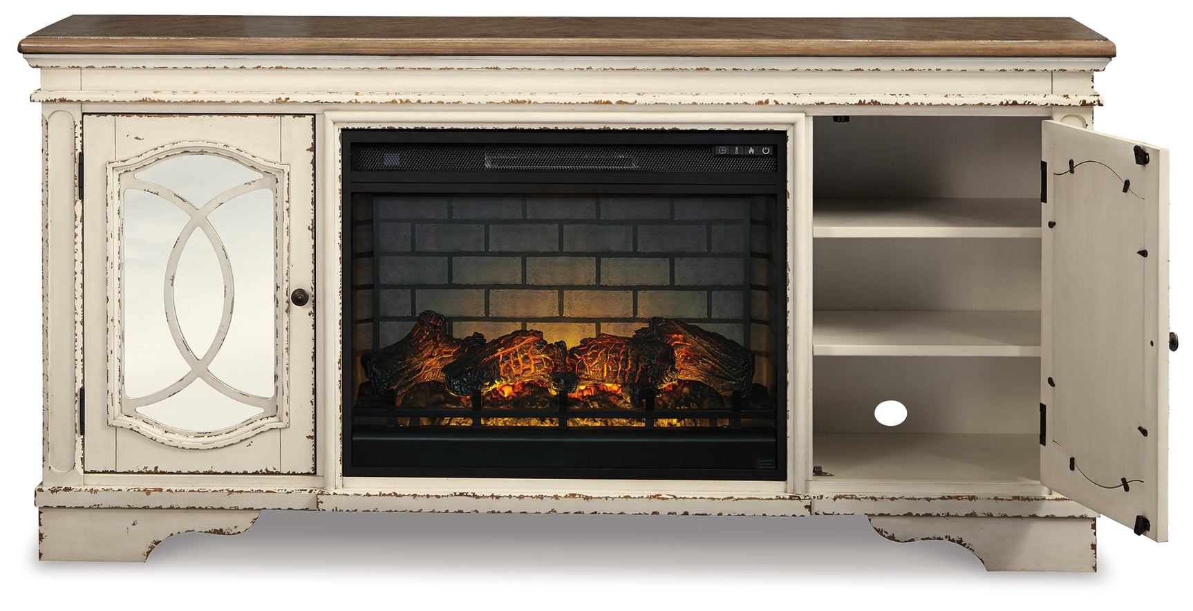Realyn Chipped White 74" TV Stand with Electric Fireplace (Online Special Price) - Ornate Home