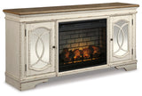 Realyn Chipped White 74" TV Stand with Electric Fireplace - Ornate Home